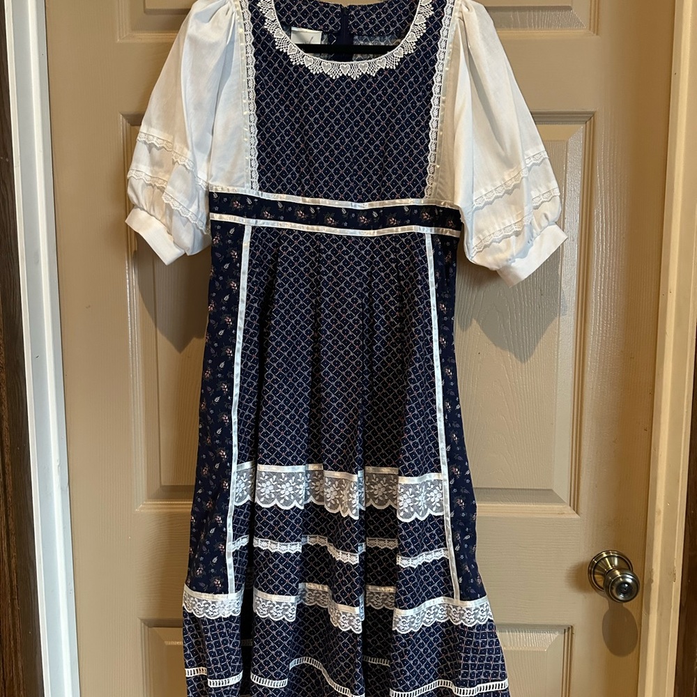 70’s Gunne Sax Navy and White Dress with Lace Trim